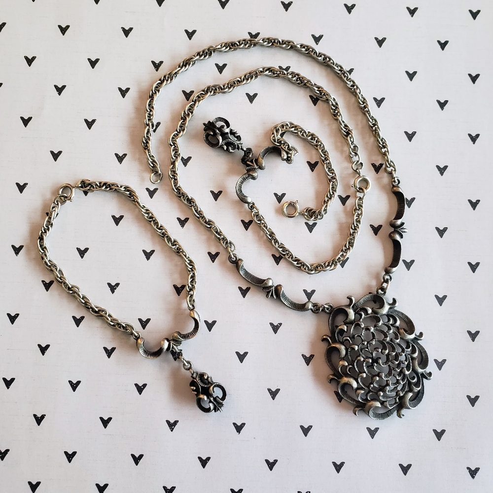 Vintage Edwardian Style Pewter Necklace and Bracelet Combo Jewelry Set